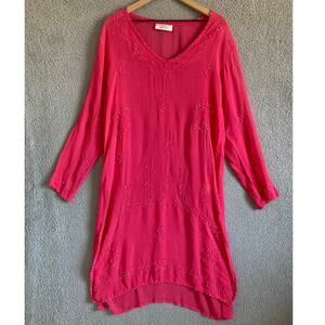 Ann Harvey Mini Dress 2XL Beaded Embroidered Sheer V-Neck Pink Beach Boho XXL